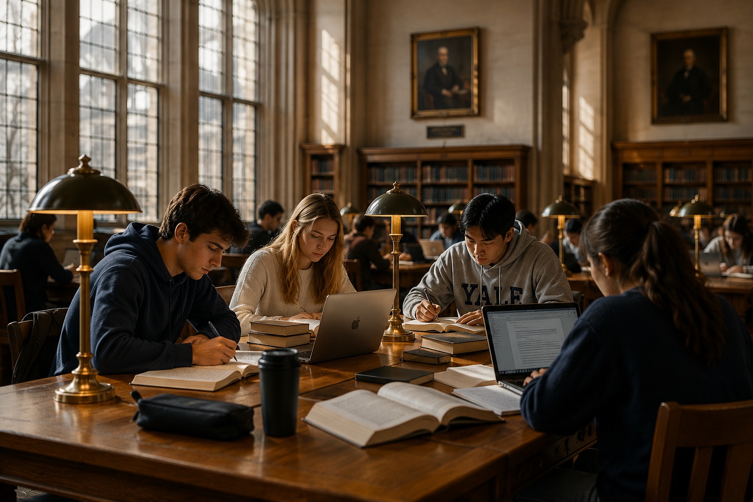 Students studying together at a university library, SchoolnBeyond guidance